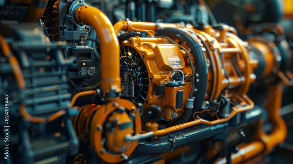 Detailed view of a complex industrial engine with multiple pipes and components. Detailed view of a complex industrial engine with multiple pipes and components.