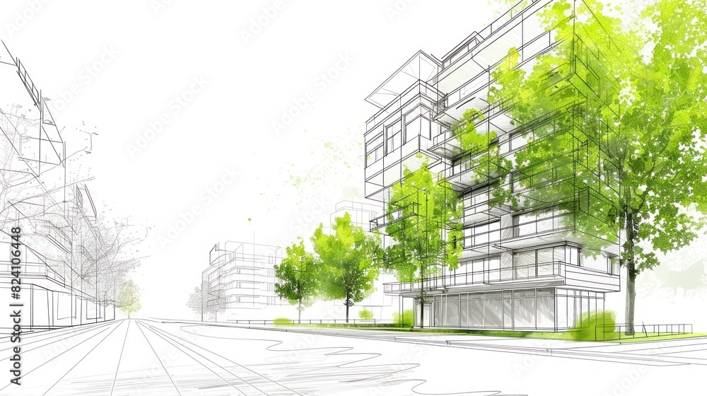 Drawing 3d architecture city building sketch lines with green tree on white background Drawing 3d architecture city building sketch lines with green tree on white background