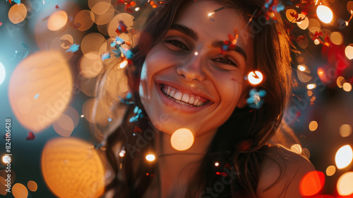 A smiling young woman enjoys the magical glow of multicolored festive lights at night. © khonkangrua