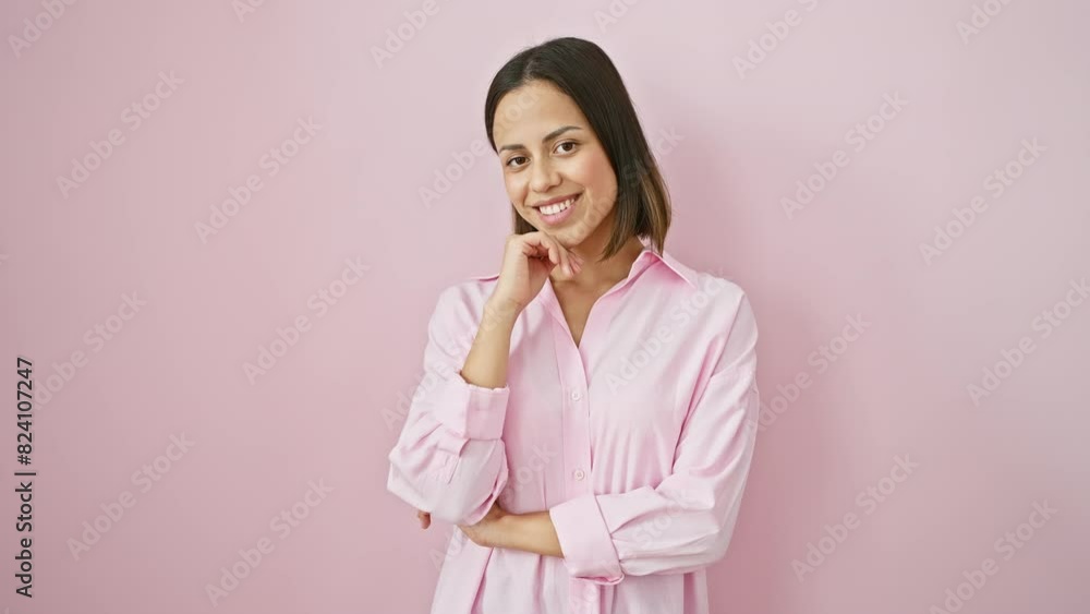 Beautiful young hispanic woman in shirt strikes confident pose. smiling at camera with crossed arms, hand on chin, thinking positive on pink isolated background. Beautiful young hispanic woman in shirt strikes confident pose. smiling at camera with crossed arms, hand on chin, thinking positive on pink isolated background.