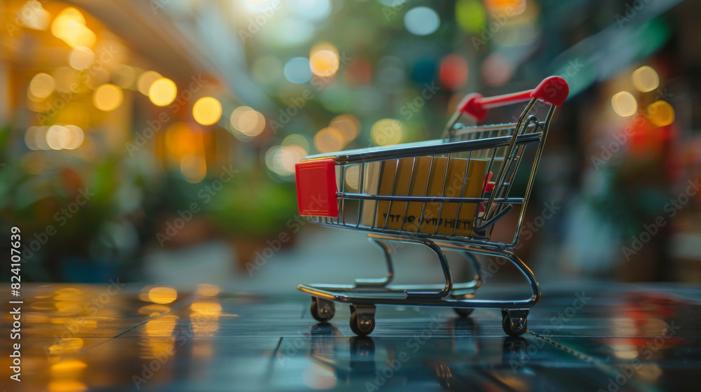 A small shopping cart on a table with blurry lights in the background symbolizing consumerism and retail. A small shopping cart on a table with blurry lights in the background symbolizing consumerism and retail.