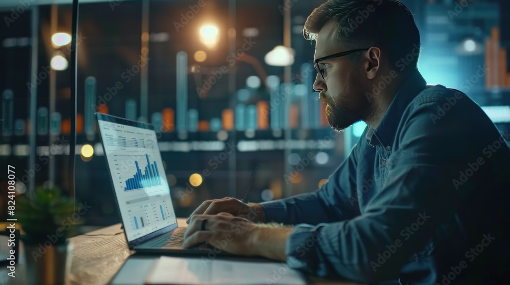 Man data analysis working using laptop with growing graph on laptop screen Man data analysis working using laptop with growing graph on laptop screen