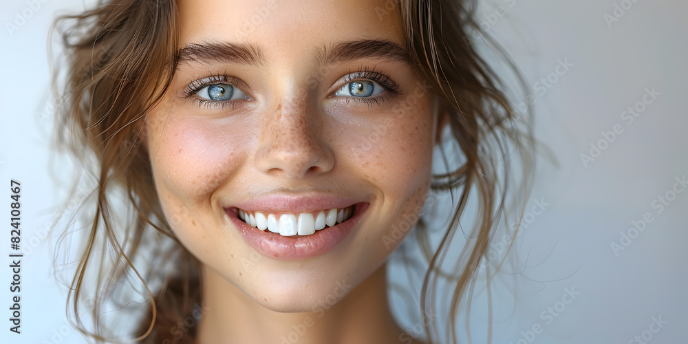 Obraz premium Beautiful young woman female smiling showing perfect white teeth. Dental stomatology whitening and treatment advertisement concept.