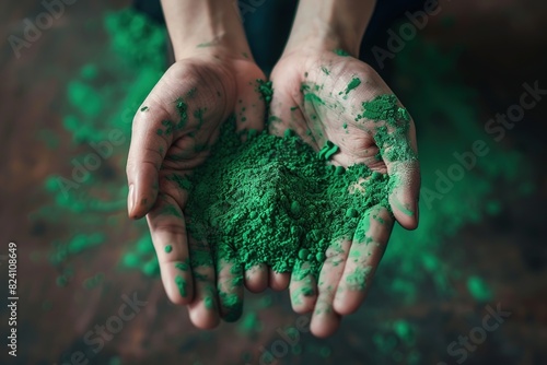 A person is holding a handful of vibrant green powder in their hands