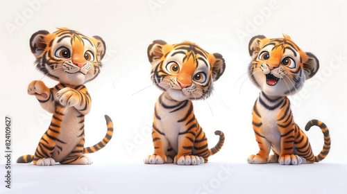 Three cartoon little tigers sitting closely next to each other photo