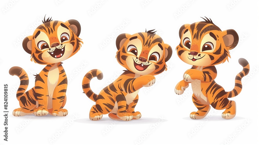 Obraz premium Three cartoon tigers in different poses, showcasing expressions and actions