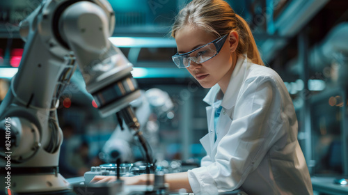 Young female scientist intensely focusing while working with a robotic arm in a modern laboratory environment.