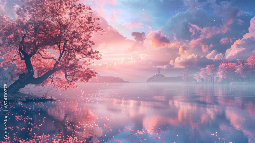 Fantastic tranquil landscape colorful pink and blue pastel color scene Fantastic tranquil landscape colorful pink and blue pastel color scene