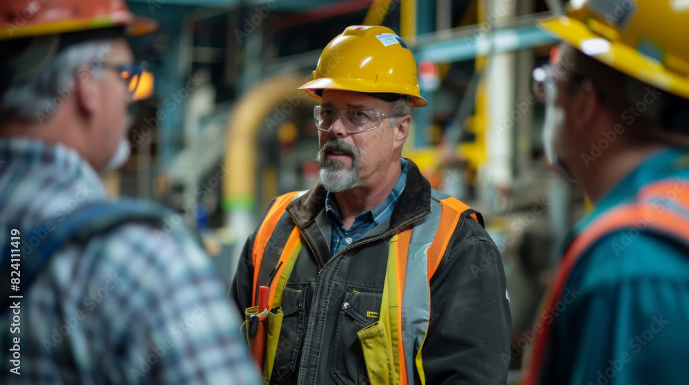 Three factory workers with hard hats discussing seriously in an industrial setting. Three factory workers with hard hats discussing seriously in an industrial setting.