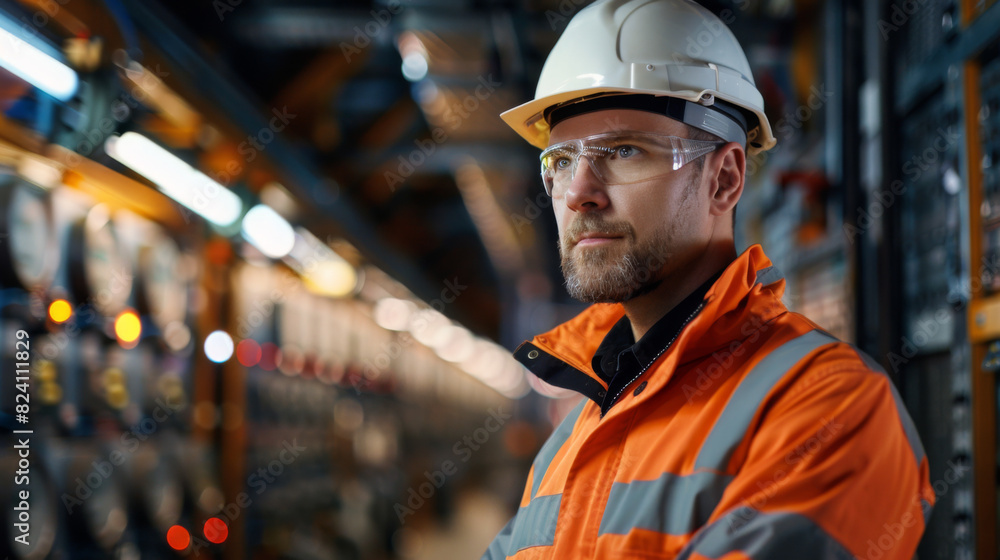 Focused male factory worker in safety gear overseeing operations in a brightly lit industrial facility at night. Focused male factory worker in safety gear overseeing operations in a brightly lit industrial facility at night.