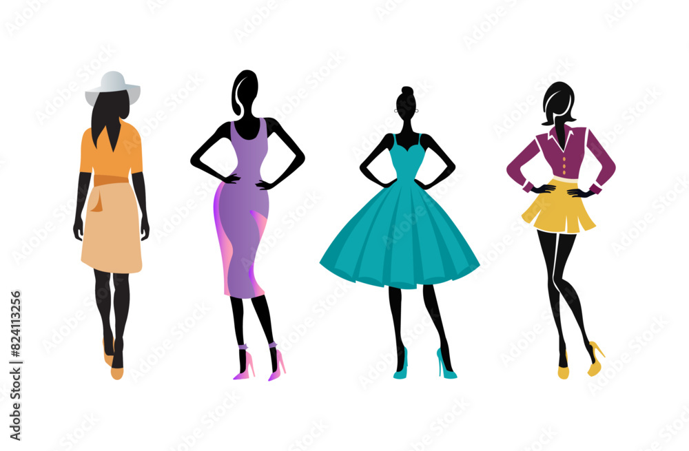 Stylish women silhouettes, art vector of fashion model, elegant and fashionable young females, posing figure isolated Stylish women silhouettes, art vector of fashion model, elegant and fashionable young females, posing figure isolated