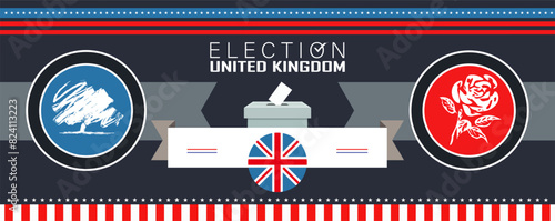 UK election 2024 banner with electoral symbols of major political parties. Vote in general election in united kingdom. British Polling box between conservative party and labour party. UK flag badge.