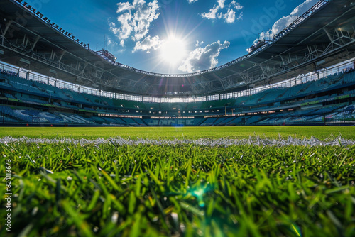Photo of a soccer stadium, with a blue sky with clouds and sunlight, grass on the field, front view, blue seats for fans © Ikhou