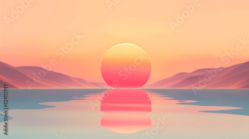 Serene Sunset Over Calm Waters with Soft Reflections and Distant Mountain Silhouettes in a Pastel Sky