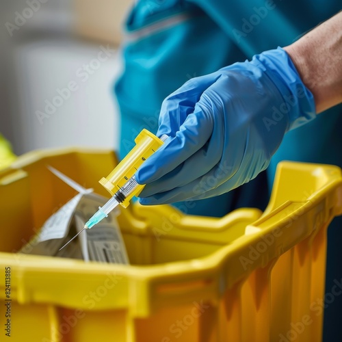 Close-up of a healthcare worker disposing of used vaccine syringes in a sharps container, highlighting the importance of proper medical waste management in vaccination programs. Job ID: b30f2c4a-64fa