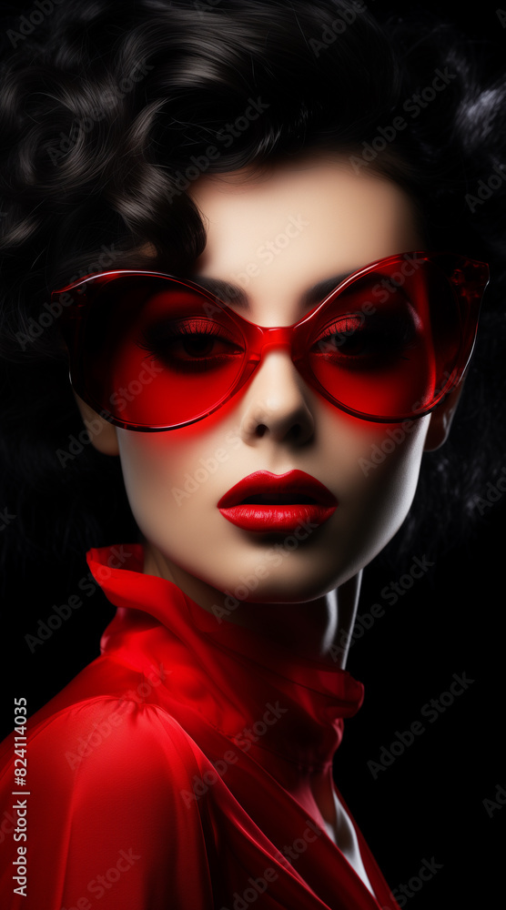 Fashion portrait close-up of a woman in red glasses and beautiful beauty makeup on a dark background Fashion portrait close-up of a woman in red glasses and beautiful beauty makeup on a dark background