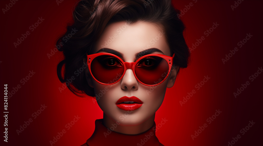 Fashion portrait close-up of a woman in red glasses and beautiful beauty makeup on a dark background
