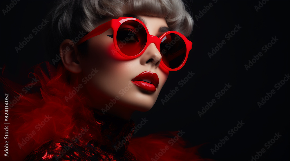Obraz premium Fashion portrait close-up of a woman in red glasses and beautiful beauty makeup on a dark background