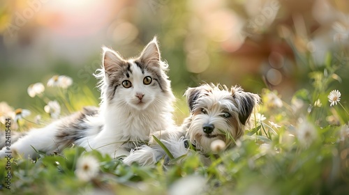 A cute couple of furry friends little cat and a mischievous little dog  are playing together in the garden on a beautiful sunny day  Friendship of pet concept.