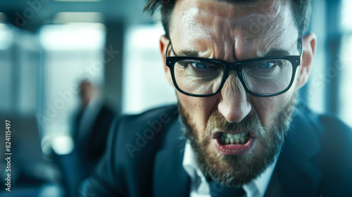 A man in a suit and glasses expressing anger with his facial expression photo