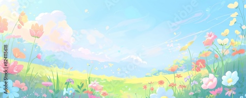 A summer nature background with a bright, sunny sky over a sprawling meadow