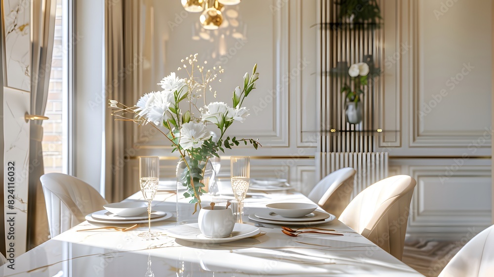 Interior of the dining room with bright, warm, elegant, and modern style. Modern and Stylish minimal decor design, Home furniture for decoration. Interior of the dining room with bright, warm, elegant, and modern style. Modern and Stylish minimal decor design, Home furniture for decoration.