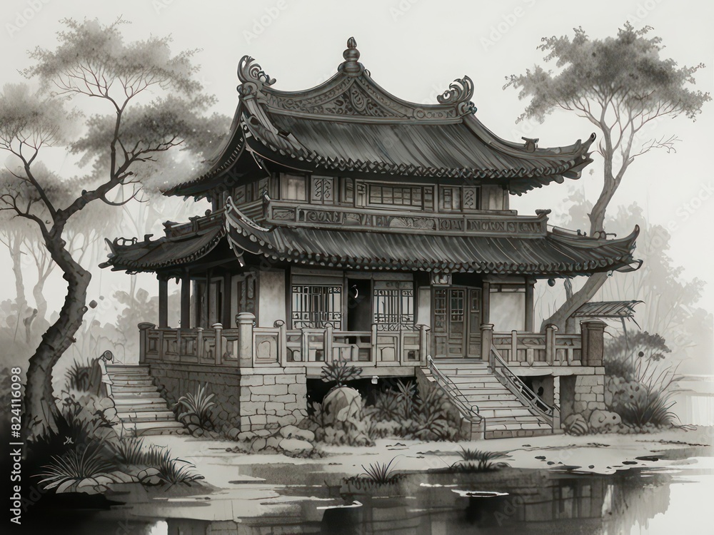 Obraz premium illustration of a temple in monochrome style