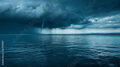 The calm before the storm as a singular water spout forms a warning of the chaos to come. photo