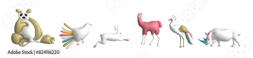 Photography Pack of 6 wild animals in 3d cartoon style, set on a transparent background