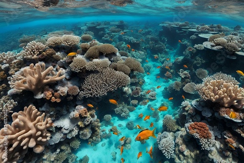 Underwater coral reef ecosystem, vibrant marine life, colorful fish, clear ocean water, biodiversity, aquatic scenery, tropical sea creatures, marine habitat