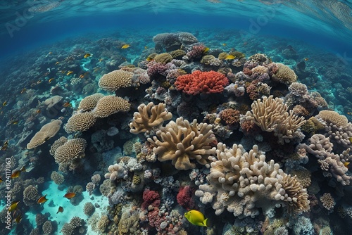 Underwater coral reef ecosystem  vibrant marine life  colorful fish  clear ocean water  biodiversity  aquatic scenery  tropical sea creatures  marine habitat