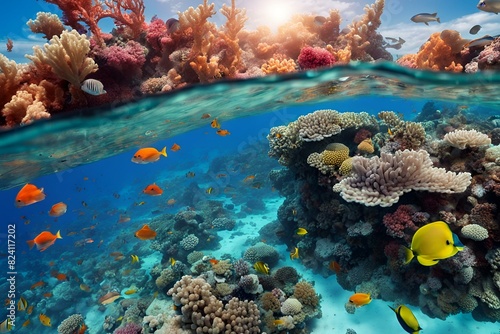 Fototapeta Naklejka Na Ścianę i Meble -  Underwater coral reef ecosystem, vibrant marine life, colorful fish, clear ocean water, biodiversity, aquatic scenery, tropical sea creatures, marine habitat