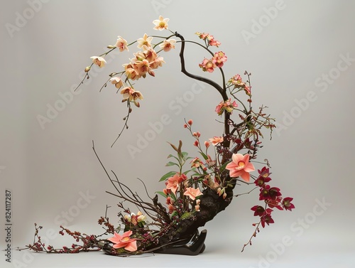 A dramatic ikebana with a cascade of flowers flowing from a tall, elegant vase