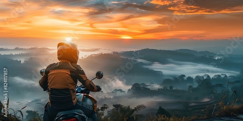 Dramatic sunrise sets the scene as a motorcyclist explores Ubud Bali. Concept Travel Photography, Sunrise Exploration, Motorcycling Adventure, Ubud Bali Discovery, Dramatic Scenery photo