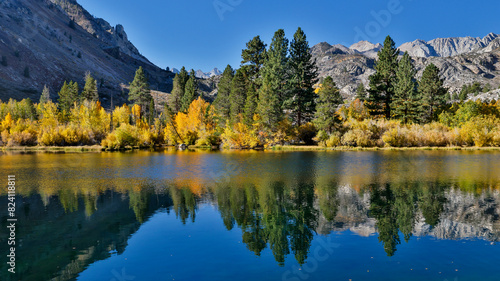 USA, California, Bishop. Bishop Canyon, autumn color and blue lake