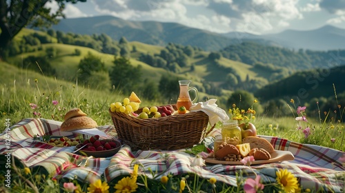 Picnic basket with various of delicious food and drinks on beautiful cloth blanket on a beautiful meadow