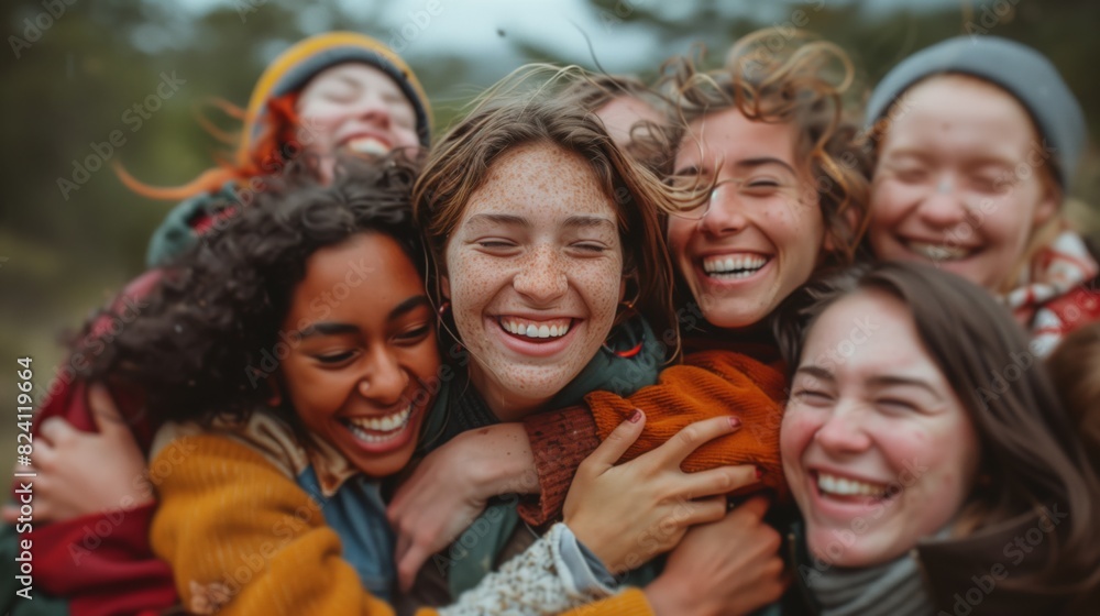 Friends joyfully hugging each other tightly Friends joyfully hugging each other tightly