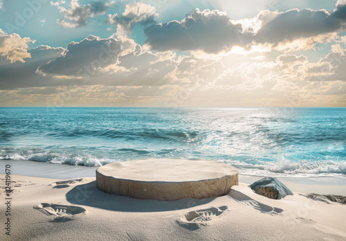 A round sand podium on the beach with ocean and cloudy sky background. The sand is shaped like an oval, with shadows cast by sunlight shining through clouds