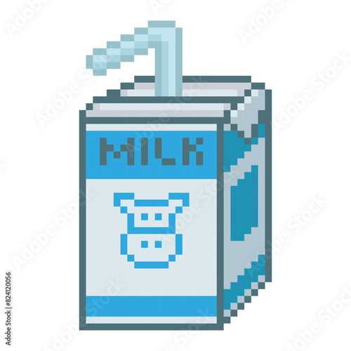 Box with cow's milk, pixel art drink. 