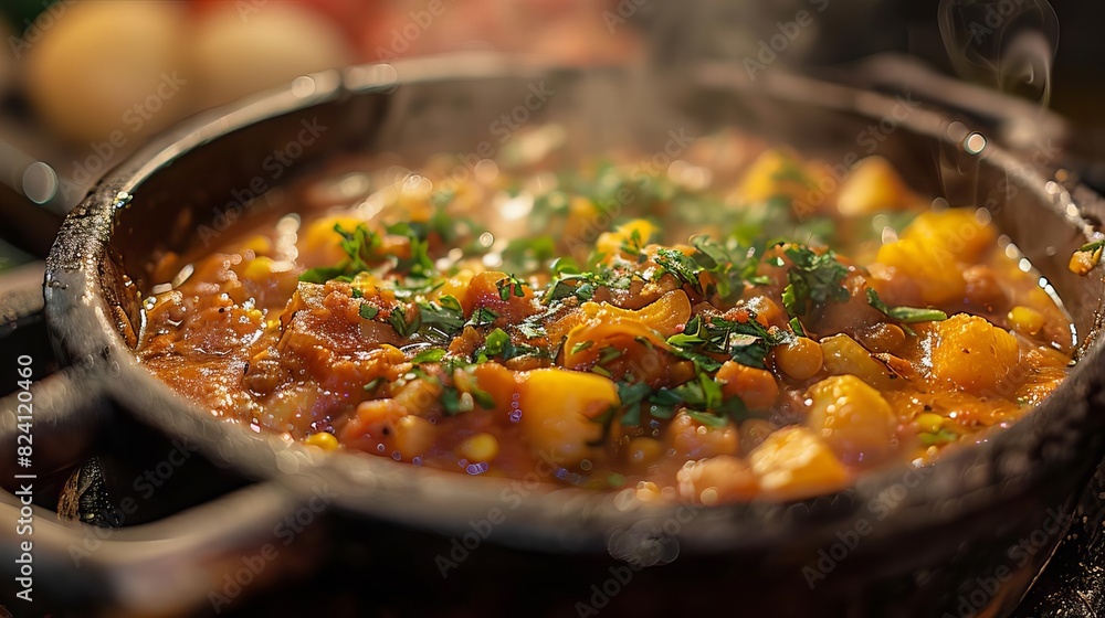 Describe the satisfaction of tasting the first spoonful of Harira, with its complex flavors and comforting warmth on a chilly evening, Close up Describe the satisfaction of tasting the first spoonful of Harira, with its complex flavors and comforting warmth on a chilly evening, Close up