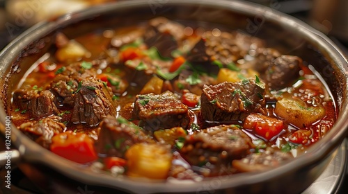 Describe the rich, savory aroma of a simmering pot of Stifado, highlighting its blend of red wine, tomatoes, and spices, Close up