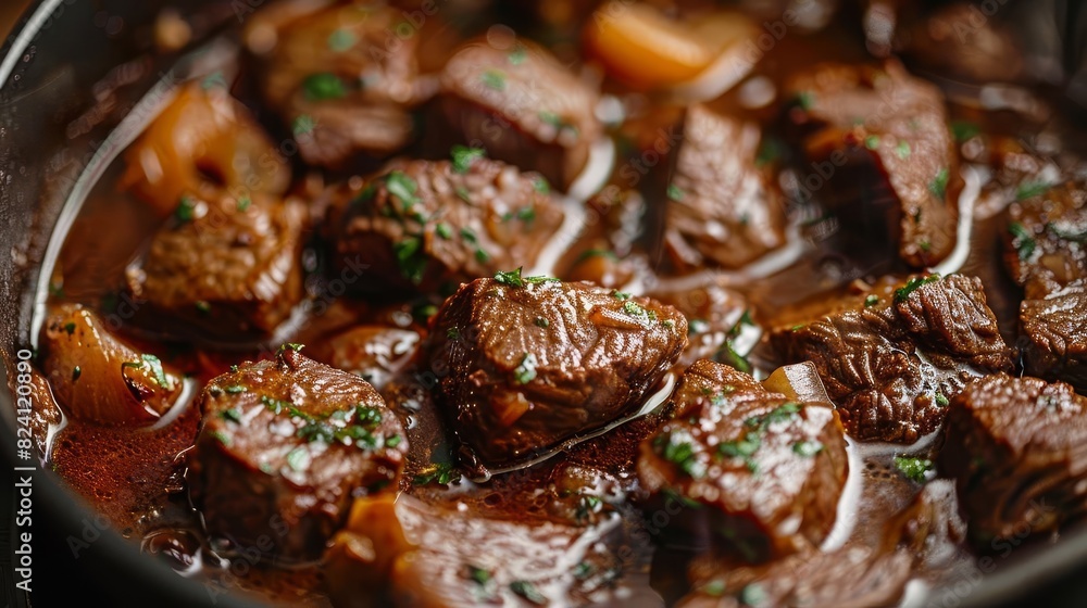 Detail the process of making Stifado, emphasizing the steps of marinating the beef in wine and vinegar and slowly cooking it to tender perfection, Close up Detail the process of making Stifado, emphasizing the steps of marinating the beef in wine and vinegar and slowly cooking it to tender perfection, Close up