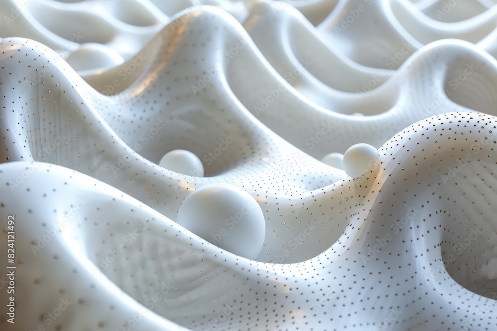 White spheres on a textured wavy surface with tiny gold dots, creating an abstract and modern visual effect White spheres on a textured wavy surface with tiny gold dots, creating an abstract and modern visual effect