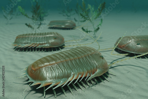 A 3D illustration of the Paradoxides, a genus of large to very large extinct Trilobite found throughout the world during the Middle Cambrian period.