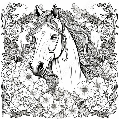 Floral Horse Coloring Pages: Elegant Equine Designs Adorned with Nature's Beauty © infiniti