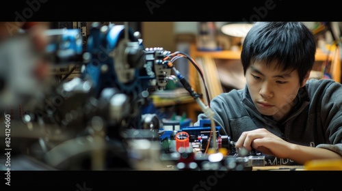 The picture of the east asian male teenager is working on the mechanical robot in his own workshop  the technician also require skill like technical knowledge  time management and experience. AIG43.