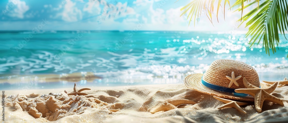 Sunglasses and a straw hat on a tropical sandy beach by the sea. T Sunglasses and a straw hat on a tropical sandy beach by the sea. T