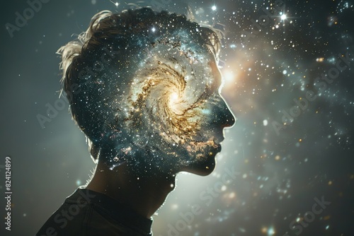 A person with an inner universe, reflecting the concept of macrocosm within microcosm photo