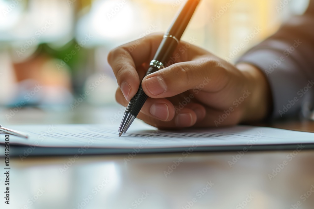A close-up shot of a hand with manicured nails holding a pen and signing a document, focusing on the act of writing. Agreement signing concept A close-up shot of a hand with manicured nails holding a pen and signing a document, focusing on the act of writing. Agreement signing concept