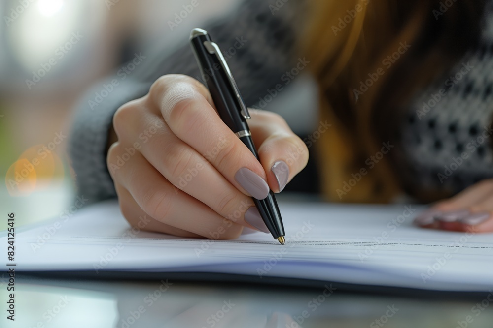 A close-up shot of a hand with manicured nails holding a pen and signing a document, focusing on the act of writing. Agreement signing concept A close-up shot of a hand with manicured nails holding a pen and signing a document, focusing on the act of writing. Agreement signing concept